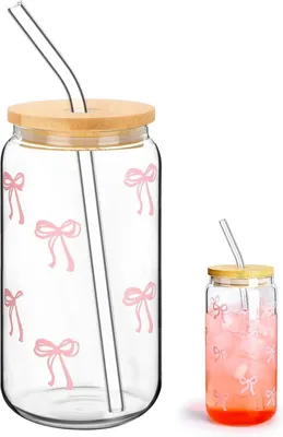 Produktbild von 500-ml-Glasbecher, Deckel + Strohhalm, rosa Schleife, Bubble Tea/Eiskaffee/Cocktail/Limonade, wiederverwendbar.