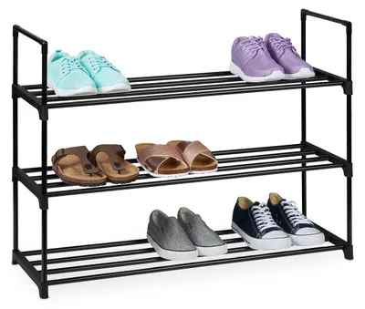 Produktbild von Relaxdays Schuhregal, 3 Ebenen, Stecksystem, HBT: 55x92x30 cm, Metall Schuhablage, platzsparend, Schuhgestell, schwarz