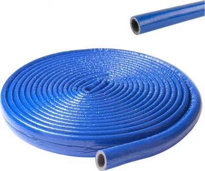 A coiled blue pipe insulation is shown on a white background, with a close-up of the pipe end in the upper right corner.