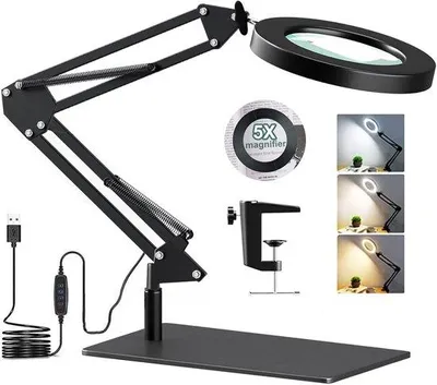 Produktbild von Unyqoos® LED-Lupenleuchte mit 5× Vergrößerung – verstellbarer Schwenkarm, 3 Lichtmodi, 10 Helligkeitsstufen, 72 LEDs, Tischklemme & Stand