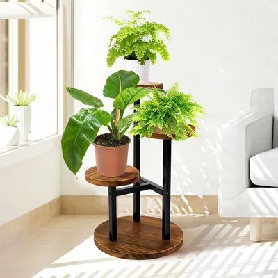 Produktbild von Blumenständer, Blumenhocker, Blumentopfhalter, Pflanzenhalter, Blumentopfständer, Topfpflanzenständer, Holz 3 Ebenen Pflanzenständer rund