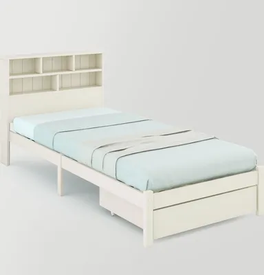 Produktbild von okwish Massivholz Einzelbett mit Schubladen und Lattenrost, Bücherregal Jugendliche und Erwachsene Kinderbett, 90x200cm Weiß