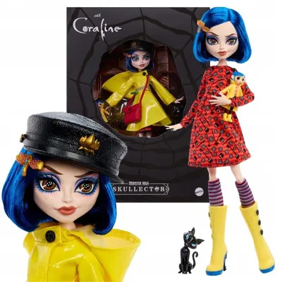 Obrázok produktu pre Bábika Monster High Skullector – zberateľská bábika Coraline v žltom plášti do dažďa so šatami a doplnkami s mačacou figúrkou