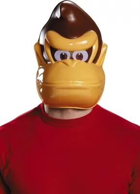 A person wearing a Donkey Kong mask and a red shirt.