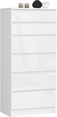 Image de Commode en blanc brillant avec 6 tiroirs spacieux, 60 cm de large, 130 cm de haut Organiseur Commode avec tiroirs en bois Highboard Sideboard Armoire