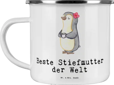 Produktbild von Mr. & Mrs. Panda Emaille Tasse Pinguin Beste Stiefmutter der Welt - Weiß - Geschenk, Muttertag, Dankeschön, Haferl, Teetasse, Mama, Geschenkidee, Stief Mutter, Pott