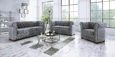 Produktbild von S-STYLE MÖBEL - Chesterfield Jutta Polstergarnitur 3+2+1 aus Grau Samt-Stoff mit Holzfüßen, B/T/H: 3er - 203 cm / 86cm / 72 cm