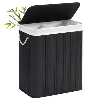 Image de Panier à linge avec 2 compartiments, capacité de 100 litres, avec couvercle et sac à linge en bambou. Couleur : noir. Dimensions : 32 x 52 x 61 cm