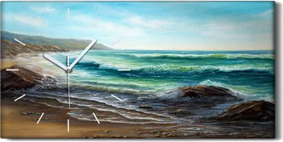 Produktbild von Wohnzimmer-Bild Leinwand Uhr Geräuschlos 60x30 Ölgemälde Küste Ozean Meer Wellen - weiße Hände