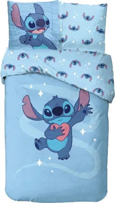 Zdjęcie produktu dla Unyqoos® Disney Lilo & Stitch, komplet pościelowy na jedno łóżko, 140 x 200 cm, 100% bawełna, kolor niebieski, zawiera poszewkę na poduszkę 63 x 63 cm, dwustronny nadruk