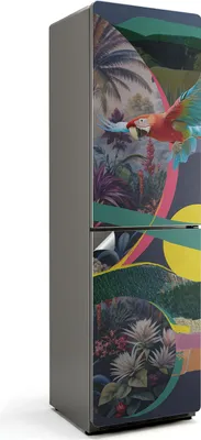Obrázok produktu pre Tropické vtáky v džungli - Nálepka na chladničku - Dekorácia na chladničku - Samolepiaca fólia na chladničku - Dekorácia do kuchyne - 60x205 cm