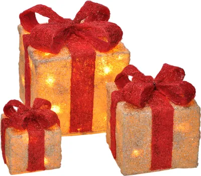 Produktbild von LED Geschenkboxen mit Timer 3er Set - ROT - Weihnachts Deko Boxen warm weiß beleuchtet Batterie betrieben mit Timer
