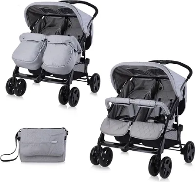 Produktbild von Lorelli Zwillingskinderwagen TWIN Wickeltasche Einhand-Klappsystem Fußabdeckung grau schwarz