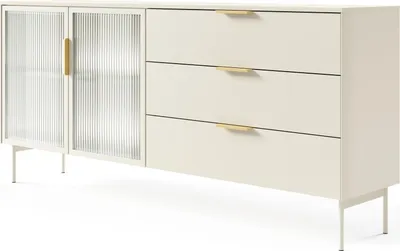 Produktbild von BETTSO Zweitürige Kommode ILUMI – Kaschmir, 181 cm, MDF-Rahmen, Flutes-Glas, LED-Beleuchtung