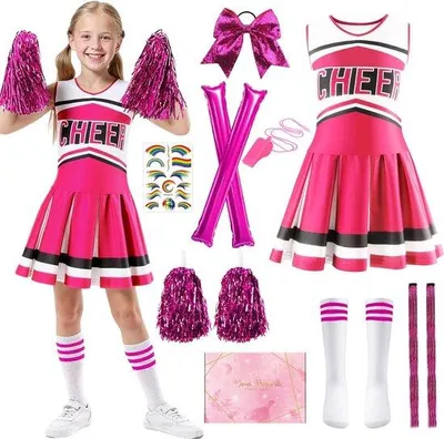Produktbild von Cheerleader Kostüm für Kinder - Mädchen Größe 110-140 - mit Pompomen und Haarbändern - ideal für Karneval - ShopFlot