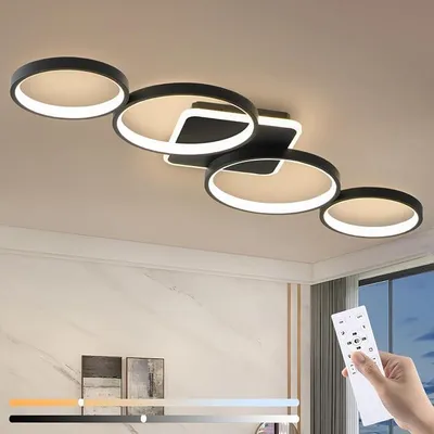 Zdjęcie produktu dla 94 cm, lampa sufitowa LED, ściemniana, do salonu, 54W, czarna | Lampa sufitowa z funkcją pamięci i nocną lampką, nowoczesne oświetlenie sufitowe w kształcie 4 pierścieni, z pilotem i aplikacją, idealne do sypialni