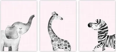Produktbild von TPFLiving Kunstdruck LW-1064 (OHNE RAHMEN) Poster - Leinwand - Wandbild - Hochauflösender Giclée-Druck, langlebig und hochwertig - Elefant, Giraffe, Zebra - Für Kinderzimmer - Auch im 3er Set - Größe: 10x15cm