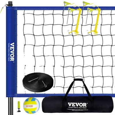 Productafbeelding van VEVOR Volleybalnet, verstelbaar in hoogte, set van 9,7 x 2,4 meter. Draagbaar strandvolleybalnet, blauw. Opvouwbaar volleybalnet met volleybal en draagtas, geschikt voor tuin en strand