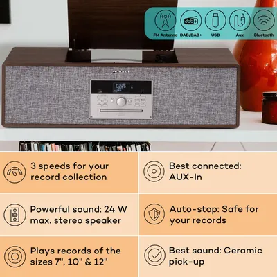 Obrázok produktu pre Auna - gramofón s reproduktorom, CD, MP3, USB, DAB+/FM, Bluetooth, na nožičkách