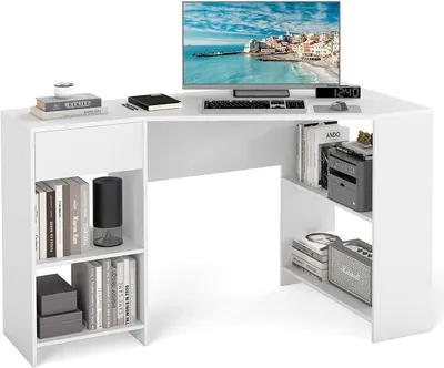 Produktbild von L-förmiger Schreibtisch, Eckschreibtisch mit Schublade & Regalen, moderner Computertisch, Ecktisch für Home Office, weiß