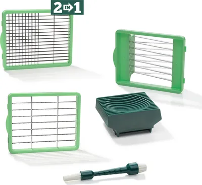 A collection of kitchen chopping attachments and a cleaning brush, arranged on a white background.