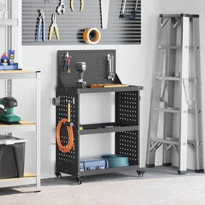 Produktbild von Werkzeugwagen mit Regal mit Rad mit Speicher Schwarz 65 x 35 x 111 cm Metall