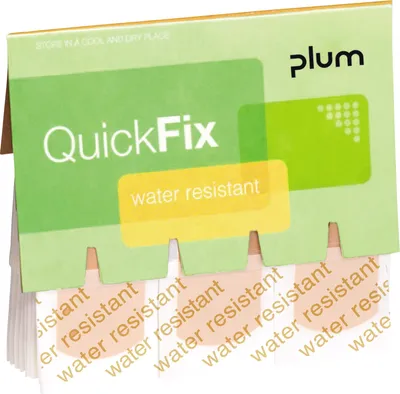 A display box of Plum QuickFix water-resistant plaster strips.