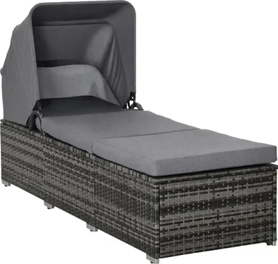 Produktbild von Sonnenliege aus Polyrattan mit Sonnendach Gartenliege verstellbar Rattanliege Gartenmöbel Liege mit Kissen Grau 195 x 65 x 40 cm