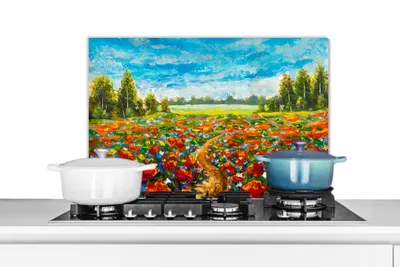 Obrázok produktu pre MuchoWow® Splashback Kuchyňa - Kuchynský backsplash - Ochrana steny pre sporák a drez Olejomaľba - Maľba - Kvety - Krajina 60x40cm Alu-Dibond