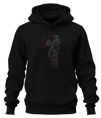 Productafbeelding van Wikinger Rabe Valknut Runen Odin Wotansknoten Walhalla Hoodie, zwart, maat M