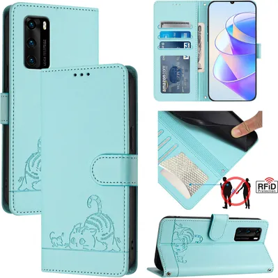 Produktbild von Leder Hülle für Huawei P40 Süße Katze Flip Case Brieftasche Schutzhülle mit Standfunktion hellgrün