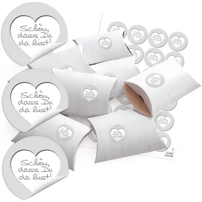 Produktbild von 24 kleine Geschenkschachteln Geschenk-Boxen Karton Holz-Optik weiß 14,5 x 10,5 cm + Aufkleber SCHÖN, DASS DU DA BIST grau Herz für Gastgeschenke Hochzeit Kommunion Fest