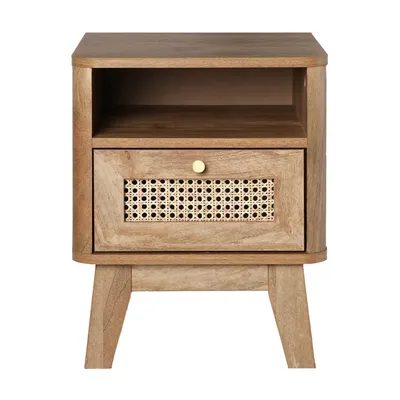 Zdjęcie produktu dla Stolik nocny z 1 szufladą, frontem rattanowym i 1 wnęką, szerokość 39 cm - PALMO