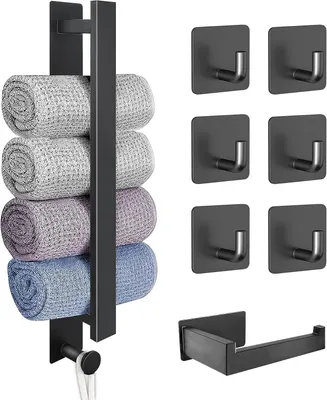 Obrázok produktu pre Držiak na uteráky 40 cm, matná čierna, nehrdzavejúca oceľ, s držiakom na toaletný papier a 6 háčikmi, pre