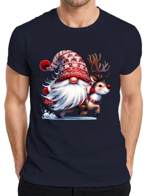 Produktbild von Weihnachtsmann mit Rentier lustig Cartoon Weihnachten Zwerg Gnom Herren T-Shirt, Navy, S