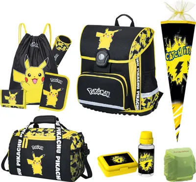 Produktbild von Gelber Pokémon Schulranzen für die 1. bis 4. Klasse Ergonomische, leichte Pokemon Schultasche mit Pikachu Motiv im 10-teiligen Set mit Schultüte 85cm