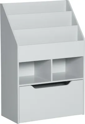 Produktbild von HOMCOM Kinder-Bücherregal aus Holz mit 3 Fächern, 2 Würfeln und mobiler Schublade mit 4 Rollen, Kinder-Bücherregal für Kinderzimmer, Spielzimmer, 60 x 29,9 x 90 cm, Grau