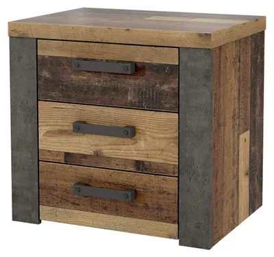 Produktbild von Nelleke Nachttisch mit 3 Schubladen, Holzwerkstoff, Vintage-Nachbildung in Old Wood und dunkelgrauem Beton, 21 x 54,3 x 56,6 cm