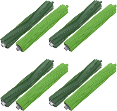 Four sets of green and dark green vacuum cleaner roller brushes arranged in two rows of two.
