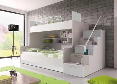 Produktbild von Etagenbett TOMI 2 , Doppelstockbett Hochglanz Kinderbett Hochbett , OHNE Matraze und Lattenrost (Weiss / Weiss, Treppenseite: RECHTS)