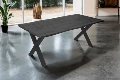 Produktbild von Esstisch 200x100 cm Baumkante Holz Grau-Optik X-Gestell Metall schwarz JOSY