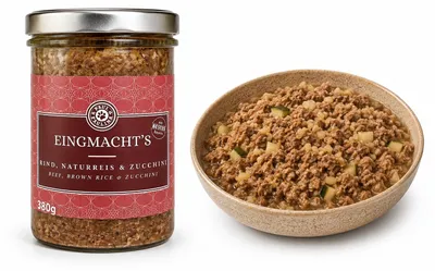 Produktbild von Paul & Paulina Eingmacht`s Rind mit Naturreis 380g Glas mit Karotten, Zucchini, Birne / Hundefutter