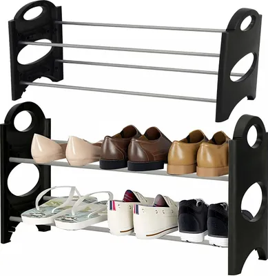 A two-tiered shoe rack displaying various types of shoes on each tier.