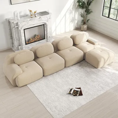 Obrázek produktu pro MODFU Rohová sedačka pro 4 osoby, model Cord. Modulární sedačka s prohnutými područkami a protiskluzovou spodní stranou. Rohová sedačka bez rámu, včetně jednoho odkládacího stolku. Barva: béžová
