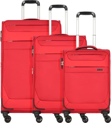 Three red suitcases of varying sizes lined up against a white background.