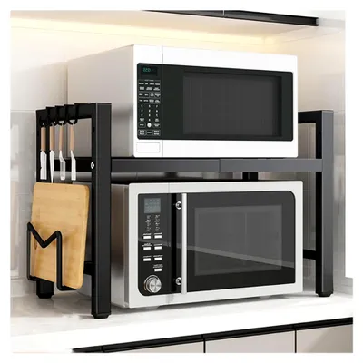 Produktbild von Erweiterbarer Mikrowellenständer, 2 Etagen, robustes Metallregal, verstellbares Küchenregal mit Haken, platzsparend