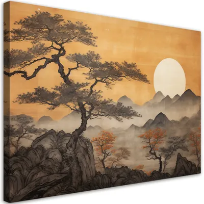 Produktbild von Leinwandbild Bäume Berglandschaft 120x80 Feeby Gelb bild für die wand bereit zum aufhängen