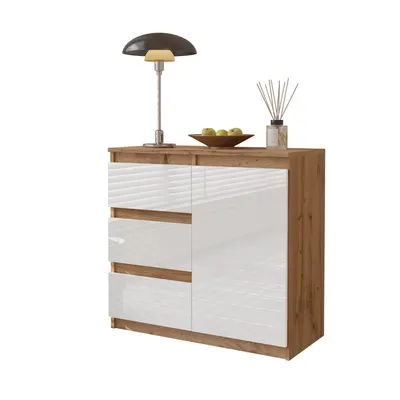 Produktbild von Kommode 80 cm Eiche Wotan / Weiß Hochglanz, 3 Schubladen, 1 Tür, 1 Einlegeboden, Wohnzimmer