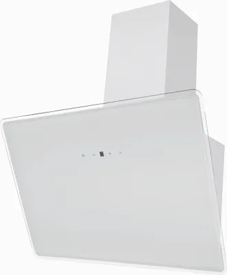 A white angled kitchen hood with a glass front and a rectangular chimney.