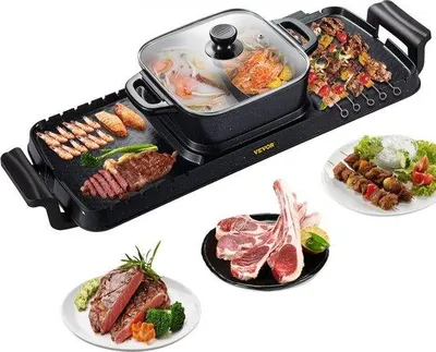 Immagine prodotto di Griglia elettrica 2 in 1 con pentola riscaldante, 2400 W, 73,5 x 26,5 x 19 cm, griglia da interno, in alluminio pressofuso